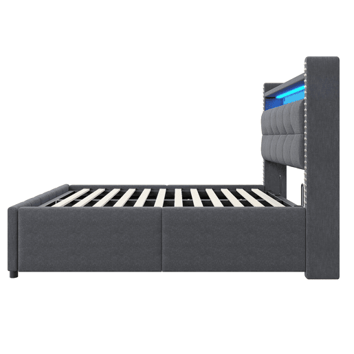 Cama estofada 160*200 - Com LED, USB, cabeceira com prateleiras e arrumação, hidráulica para arrumação - Cinza Cama estofada 160*200 - Com LED, USB, cabeceira com prateleiras e arrumação, hidráulica para arrumação - Cinza