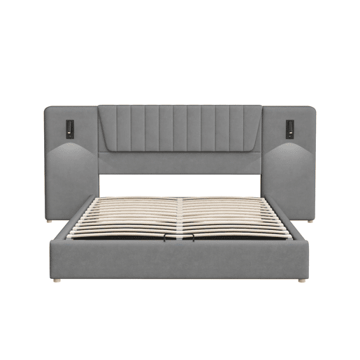 Cama estofada 180x200 cm - Encosto extra longo, candeeiro de leitura ajustável, porta USB, cama com arrumação hidráulica, dupla, veludo - Cinza