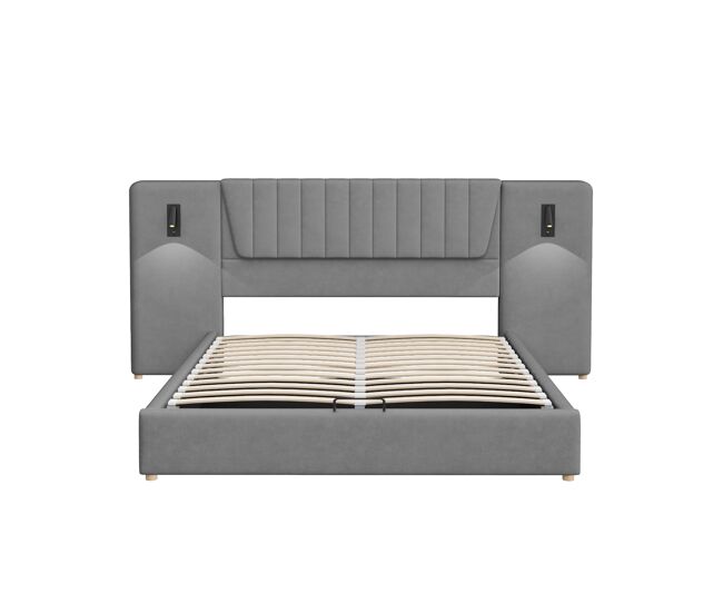 Cama tapizada 180x200 cm - respaldo extra largo, lámpara de lectura ajustable, puerto usb, cama con almacenamiento hidráulico, doble, terciopelo -