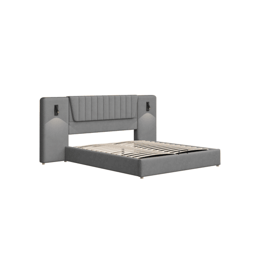 Cama estofada 180x200 cm - Encosto extra longo, candeeiro de leitura ajustável, porta USB, cama com arrumação hidráulica, dupla, veludo - Cinza