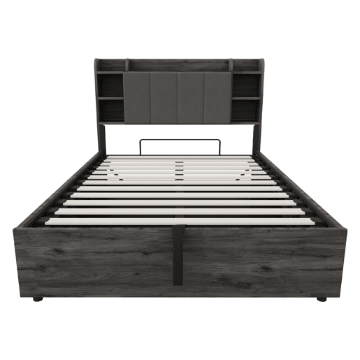 Cama de madeira 140x200 cm - Cama hidráulica, cabeceira com arrumação, USB e tomada tipo C - Cinza