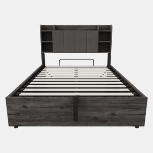 Cama de madeira 140x200 cm - Cama hidráulica, cabeceira com arrumação, USB e tomada tipo C - Cinza