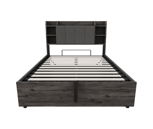 Cama de madera 140x200 cm - cama hidráulica, cabecero con almacenamiento, usb y toma de corriente tipo c - gris