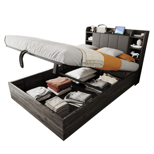 Cama de madeira 140x200 cm - Cama hidráulica, cabeceira com arrumação, USB e tomada tipo C - Cinza