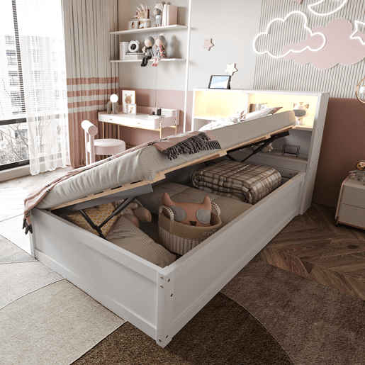 Sofá-cama 90*200 - Com várias tomadas, vários compartimentos de arrumação, faixa de luz, cama hidráulica, cama de madeira maciça, cama individual, cama multifuncional de madeira - Branco