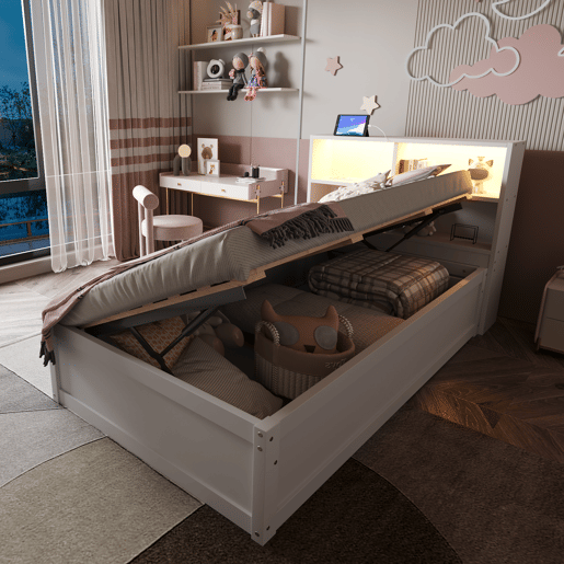 Sofá-cama 90*200 - Com várias tomadas, vários compartimentos de arrumação, faixa de luz, cama hidráulica, cama de madeira maciça, cama individual, cama multifuncional de madeira - Branco