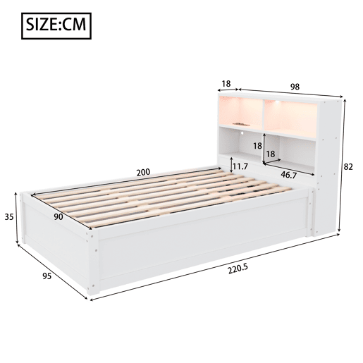 Sofá-cama 90*200 - Com várias tomadas, vários compartimentos de arrumação, faixa de luz, cama hidráulica, cama de madeira maciça, cama individual, cama multifuncional de madeira - Branco