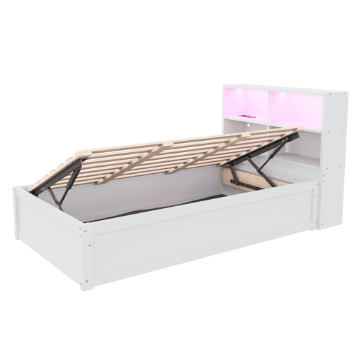 Sofá-cama 90*200 - Com várias tomadas, vários compartimentos de arrumação, faixa de luz, cama hidráulica, cama de madeira maciça, cama individual, cama multifuncional de madeira - Branco