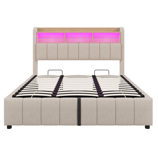 Cama estofada 180*200 cm - Com iluminação LED, tomada USB, cabeceira com prateleiras e arrumação, com sistema hidráulico para arrumação - Bege Cama estofada 180*200 cm - Com iluminação LED, tomada USB, cabeceira com prateleiras e arrumação, com sistema hidráulico para arrumação - Bege