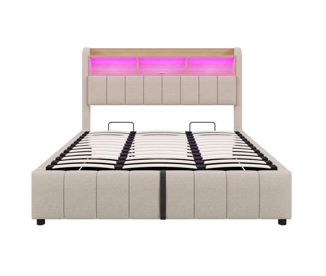 Cama tapizada 180*200 cm - con iluminación led, toma usb, cabecero con estantes y almacenamiento, con hidráulico para almacenamiento - beige