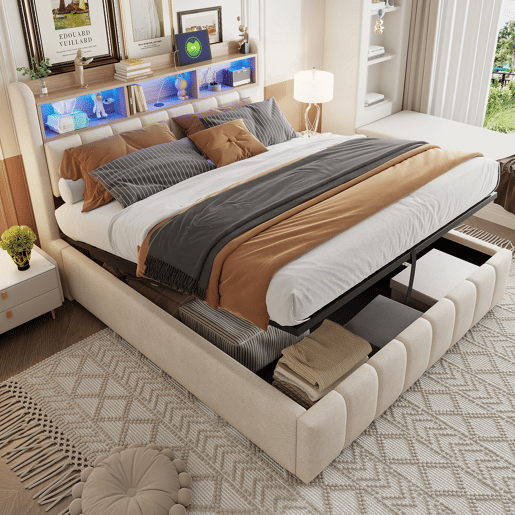 Cama estofada 180*200 cm - Com iluminação LED, tomada USB, cabeceira com prateleiras e arrumação, com sistema hidráulico para arrumação - Bege Cama estofada 180*200 cm - Com iluminação LED, tomada USB, cabeceira com prateleiras e arrumação, com sistema hidráulico para arrumação - Bege