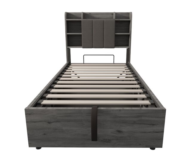 Cama individual 90x200 - cama hidráulica con cabecero con almacenamiento, puertos usb y type-c, cama juvenil - gris
