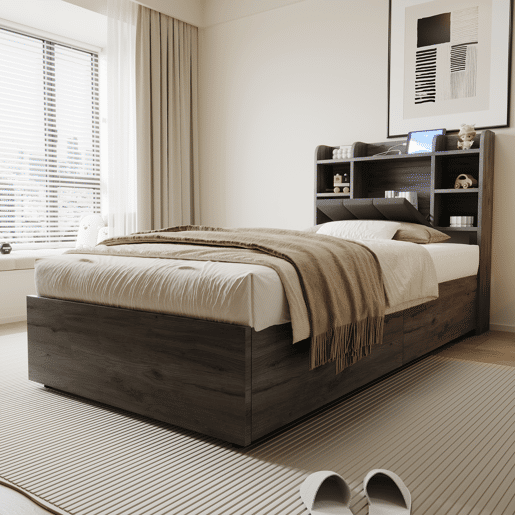 Cama individual 90x200 - Cama hidráulica com cabeceira com arrumação, portas USB e Type-C, cama juvenil - Cinza
