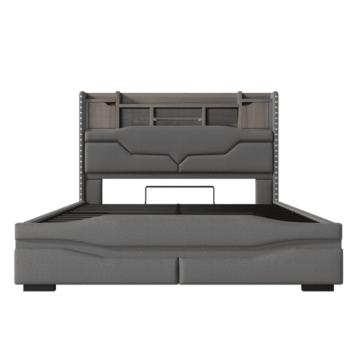 Cama com armazenamento hidráulico 140x200cm - Com USB, tomada, luz ambiente LED e cabeceira com armazenamento - Cinza
