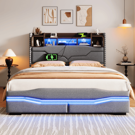 Cama com armazenamento hidráulico 140x200cm - Com USB, tomada, luz ambiente LED e cabeceira com armazenamento - Cinza