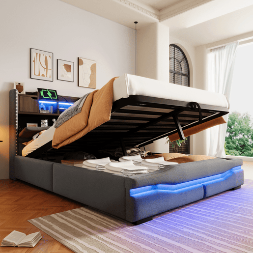 Cama com armazenamento hidráulico 140x200cm - Com USB, tomada, luz ambiente LED e cabeceira com armazenamento - Cinza