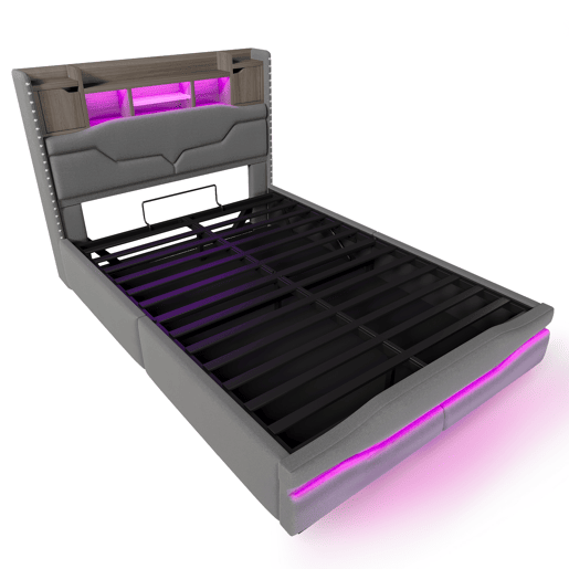 Cama com armazenamento hidráulico 140x200cm - Com USB, tomada, luz ambiente LED e cabeceira com armazenamento - Cinza