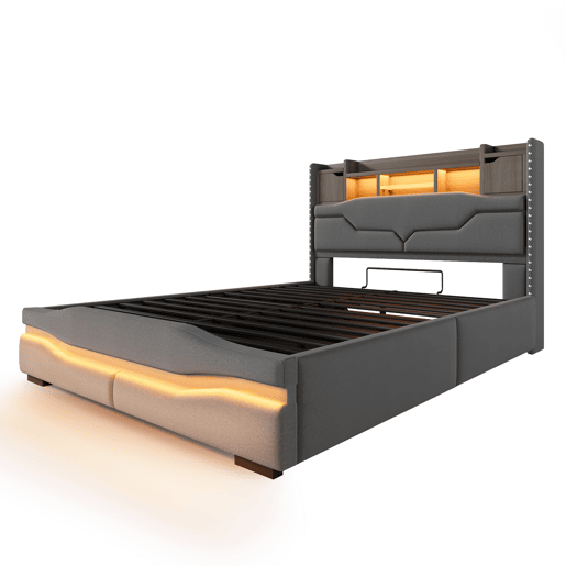 Cama com armazenamento hidráulico 140x200cm - Com USB, tomada, luz ambiente LED e cabeceira com armazenamento - Cinza