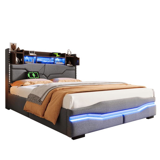 Cama com armazenamento hidráulico 140x200cm - Com USB, tomada, luz ambiente LED e cabeceira com armazenamento - Cinza
