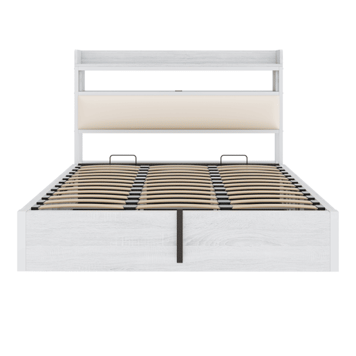 Cama 180x200 - Com elevação hidráulica, USB, cabeceira acolchoada, design vintage em madeira e metal, com arrumação oculta - Branco