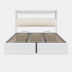 Cama 180x200 - Com elevação hidráulica, USB, cabeceira acolchoada, design vintage em madeira e metal, com arrumação oculta - Branco