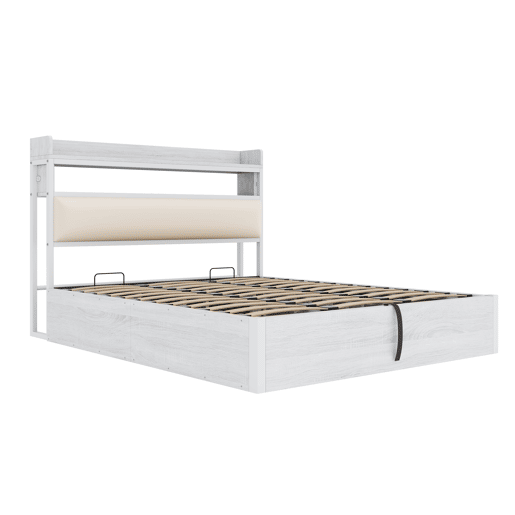 Cama 180x200 - Com elevação hidráulica, USB, cabeceira acolchoada, design vintage em madeira e metal, com arrumação oculta - Branco