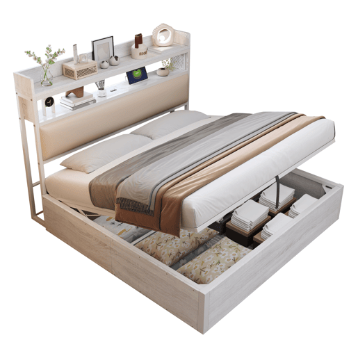 Cama 180x200 - Com elevação hidráulica, USB, cabeceira acolchoada, design vintage em madeira e metal, com arrumação oculta - Branco