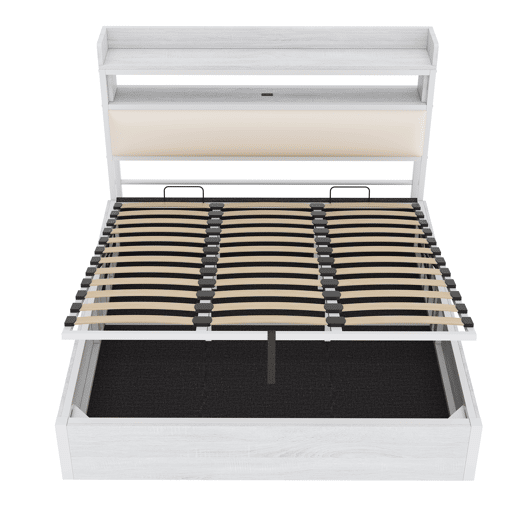 Cama 180x200 - Com elevação hidráulica, USB, cabeceira acolchoada, design vintage em madeira e metal, com arrumação oculta - Branco