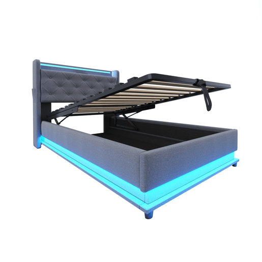 Cama infantil 90x200 cm - Com luzes LED que mudam de cor, porta USB, cabeceira rebatível, armazenamento hidráulico, bolsa para telemóvel - Cinza
