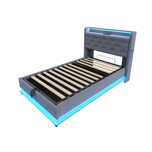 Cama infantil 90x200 cm - Com luzes LED que mudam de cor, porta USB, cabeceira rebatível, armazenamento hidráulico, bolsa para telemóvel - Cinza