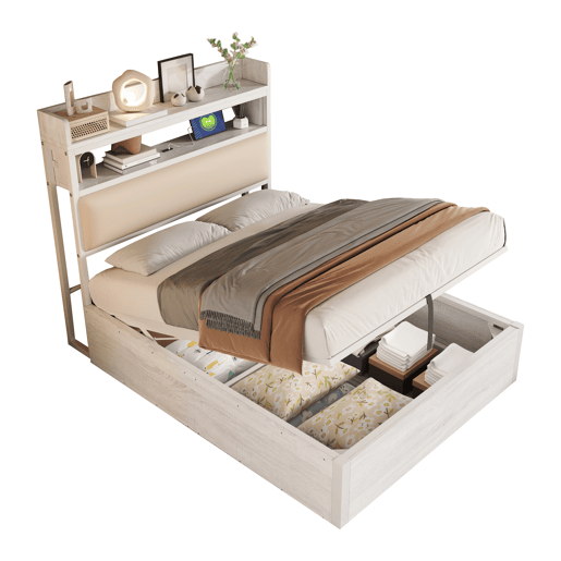 Estrutura da cama 90x200 - mecanismo hidráulico, porta USB, cabeceira acolchoada, design retro em madeira e metal, arrumação oculta - Branco