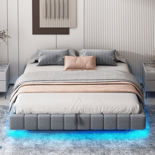 Cama estofada 180x200 cm - Estrutura flutuante hidráulica com arrumação, cama multifuncional sem cabeceira com luz LED - Linho Cinza