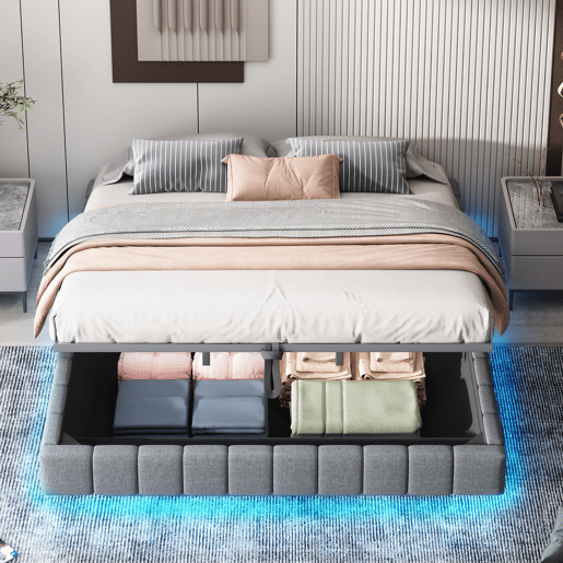 Cama estofada 180x200 cm - Estrutura flutuante hidráulica com arrumação, cama multifuncional sem cabeceira com luz LED - Linho Cinza