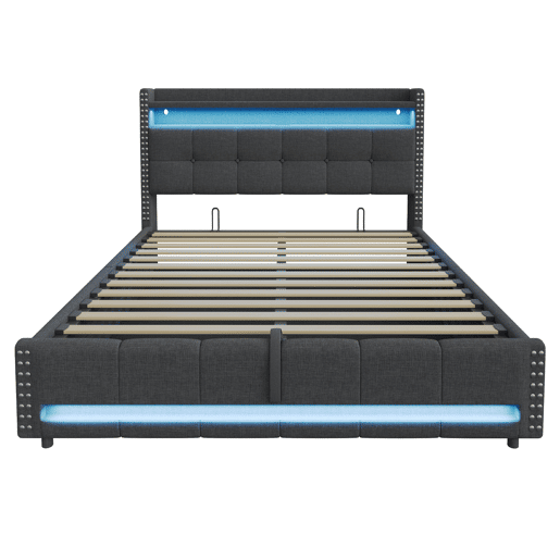 Cama estofada 180*200 cm - Com LED e tomada USB, cabeceira com prateleiras e arrumação, com sistema hidráulico para arrumação - Cinza