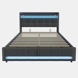 Cama estofada 180*200 cm - Com LED e tomada USB, cabeceira com prateleiras e arrumação, com sistema hidráulico para arrumação - Cinza