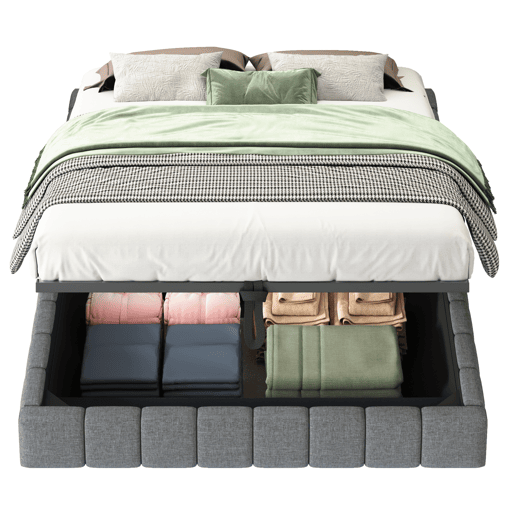 Cama estofada 140x200 cm - Estrutura flutuante hidráulica com arrumação, cama multifuncional sem cabeceira com luz LED - Cinza
