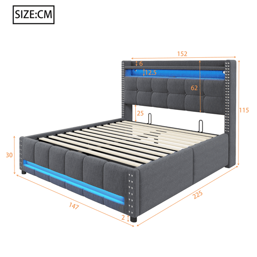 Cama estofada 140*200 - Com iluminação LED, tomada USB, cabeceira com prateleiras e arrumação, com sistema hidráulico para arrumação - Cinza