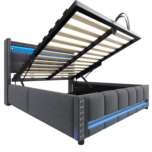 Cama estofada 140*200 - Com iluminação LED, tomada USB, cabeceira com prateleiras e arrumação, com sistema hidráulico para arrumação - Cinza