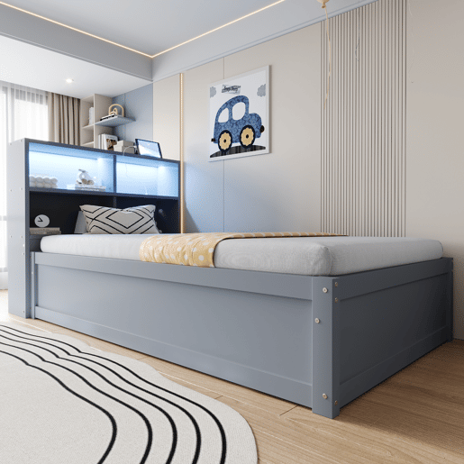 Sofá-cama 90*200 - com várias tomadas, compartimentos de arrumação, luz LED, cama hidráulica, cama individual, multifuncional - Cinza