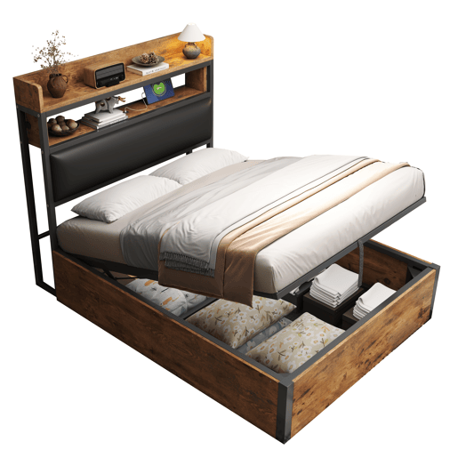 Cama individual 90x200 - Com mecanismo hidráulico, USB, cabeceira acolchoada, design retro em madeira e metal, camada de armazenamento oculta - Preto