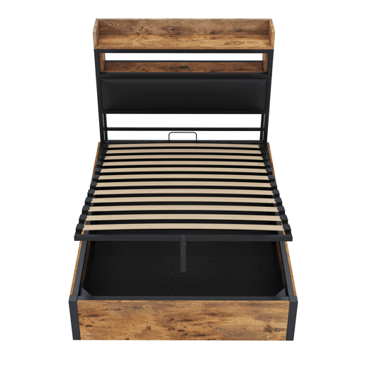 Cama individual 90x200 - Com mecanismo hidráulico, USB, cabeceira acolchoada, design retro em madeira e metal, camada de armazenamento oculta - Preto