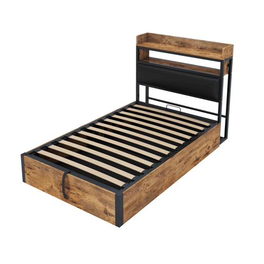 Cama individual 90x200 - Com mecanismo hidráulico, USB, cabeceira acolchoada, design retro em madeira e metal, camada de armazenamento oculta - Preto