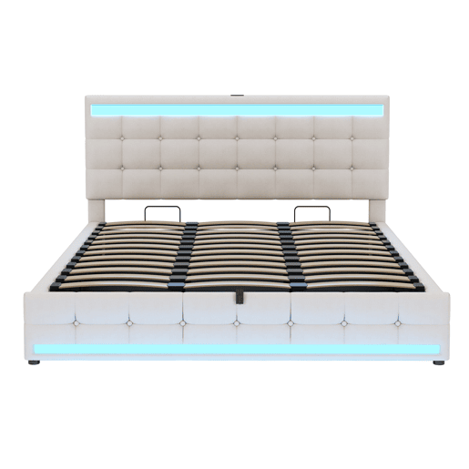 Cama infantil 180*200 - Cama com armazenamento hidráulico, USB e faixa LED com mudança de cor - Bege