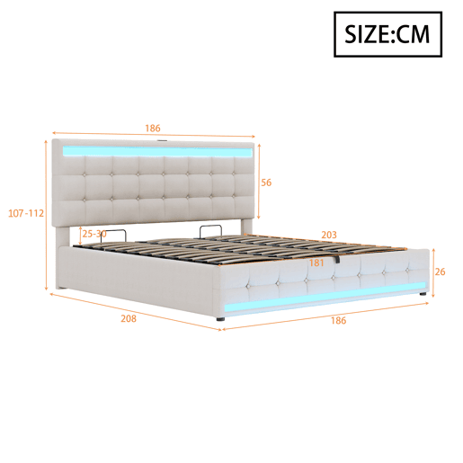 Cama infantil 180*200 - Cama com armazenamento hidráulico, USB e faixa LED com mudança de cor - Bege