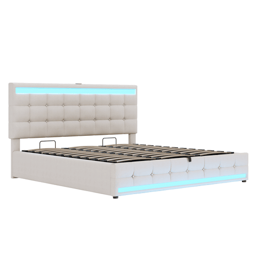Cama infantil 180*200 - Cama com armazenamento hidráulico, USB e faixa LED com mudança de cor - Bege