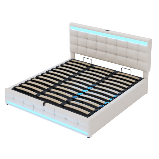 Cama infantil 180*200 - Cama com armazenamento hidráulico, USB e faixa LED com mudança de cor - Bege