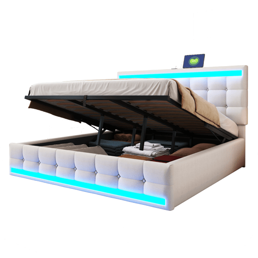 Cama infantil 180*200 - Cama com armazenamento hidráulico, USB e faixa LED com mudança de cor - Bege
