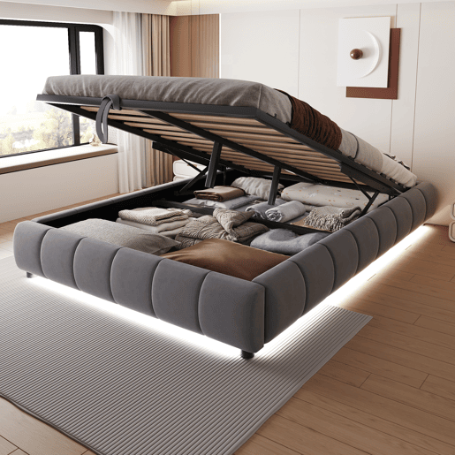 Cama individual 140x200 cm - Sem cabeceira, com faixa LED (cor única), estrutura de cama flutuante hidráulica com arrumação - Cinza