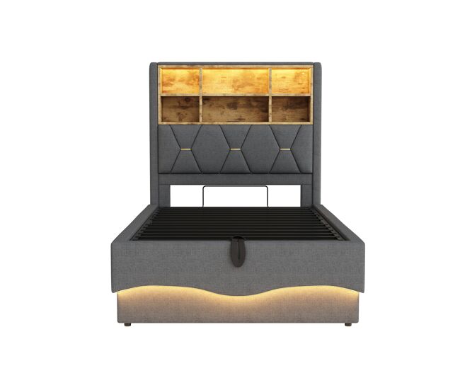 Cama infantil 90x200 cm - hidráulica con almacenamiento, banda led controlada por app, puerto usb, somier de láminas de metal, tapizado en lino - gris