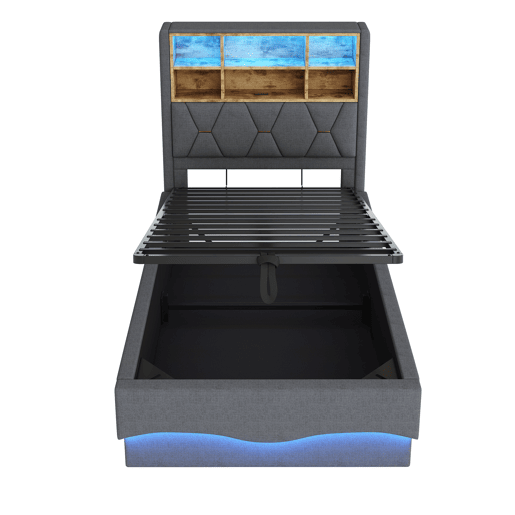 Cama infantil 90x200 cm - Hidráulica com armazenamento, faixa LED controlada por APP, porta USB, estrado de lâminas de metal, estofamento em linho - Cinza